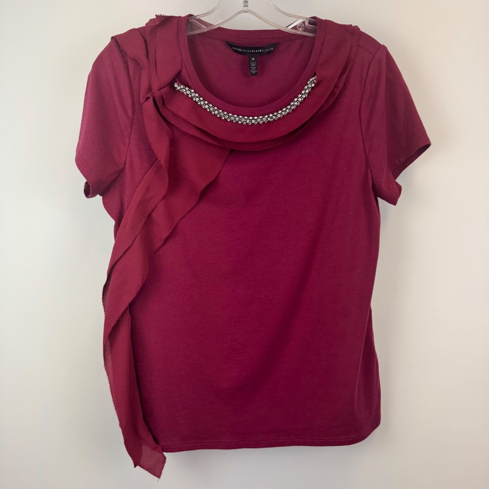 White House Black Market Berry Pink Rhinestone Ruffle Neck Short Sleeve Top M‎